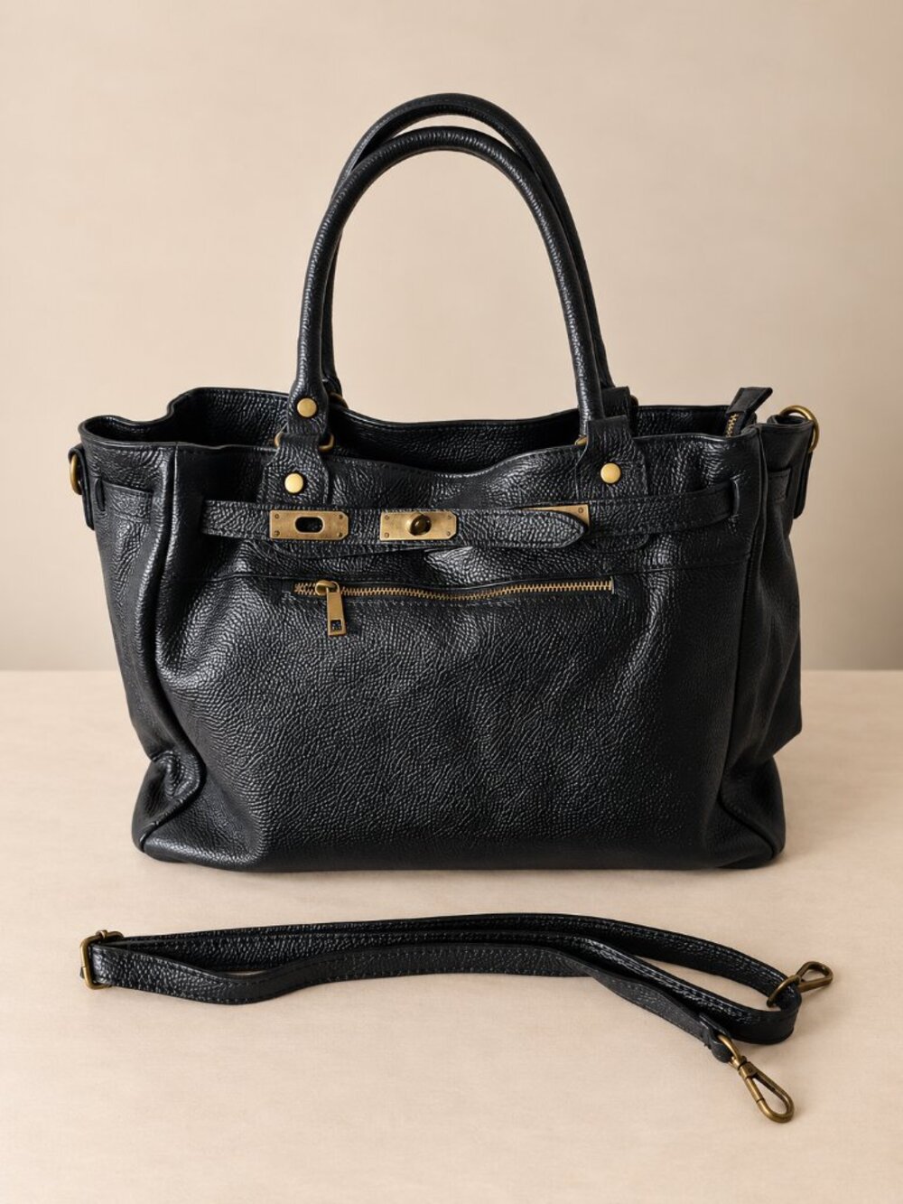 Black Large Leather Tote Bag, Italian Genuine Leather Work Bag, Vintage Purse - Picture 4 of 14